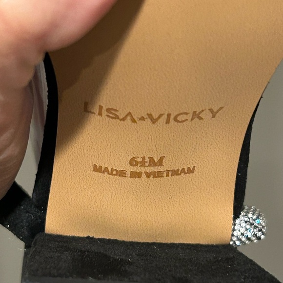 Lisa Vicky Mood Microsuede Block Heel Slide Sandal Black Rhinestone Strap Sz 6.5 - Picture 7 of 10